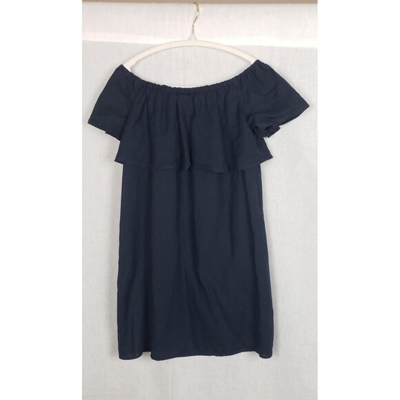 Saks Fifth Avenue Tunic Top Navy Blue S Off Shoulder 100% Linen Ruffle Boho Chic - Picture 2 of 7